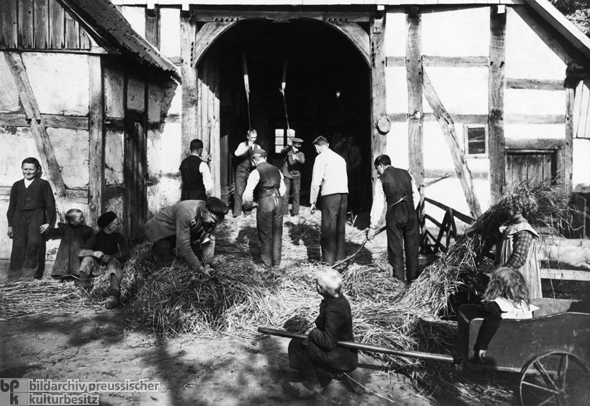 Bauern beim Dreschen von Weizen (1904)